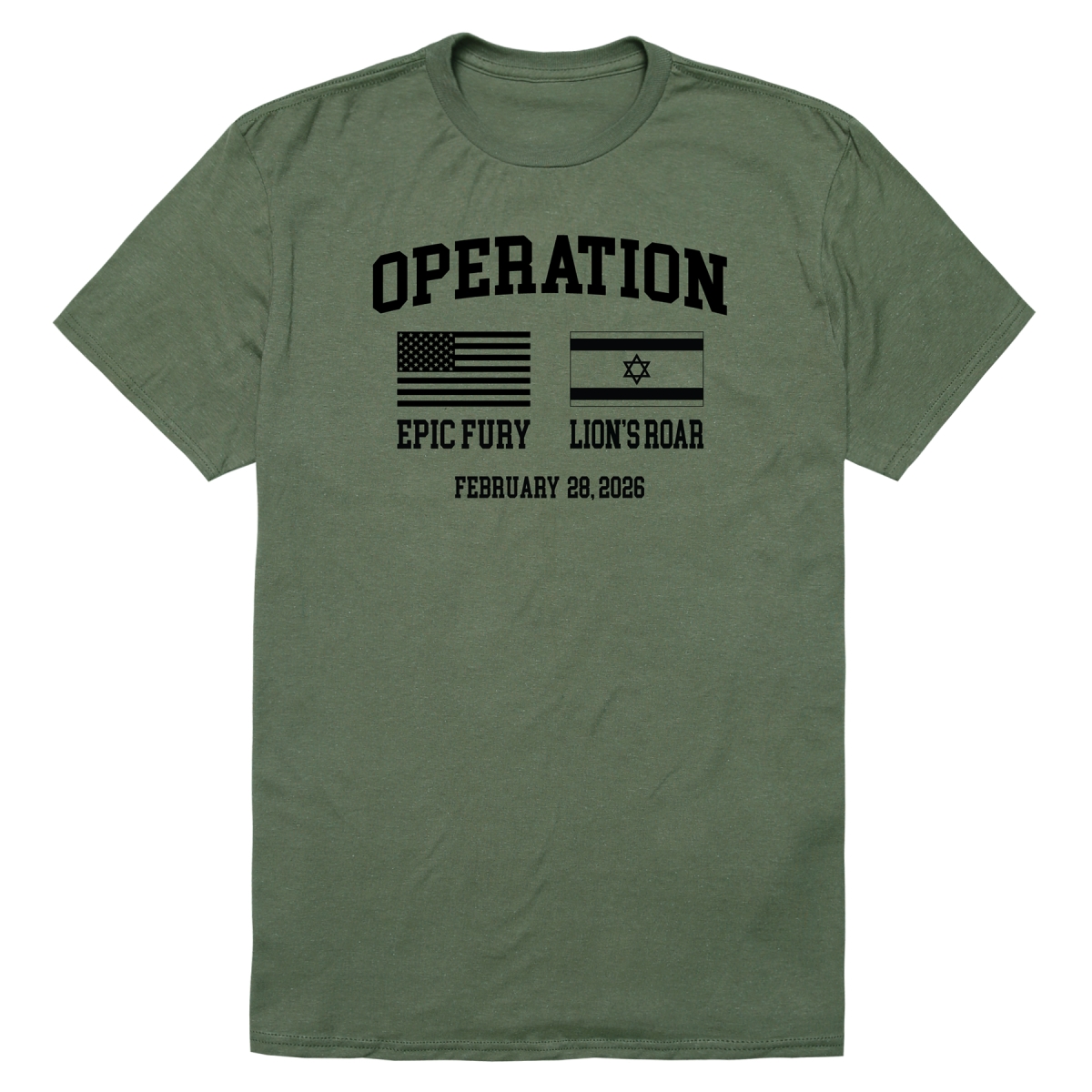 AM0-263-OLV-02 Operation War Epic Fury 2 Flags Short Sleeve T-Shirt, Olive - Medium
