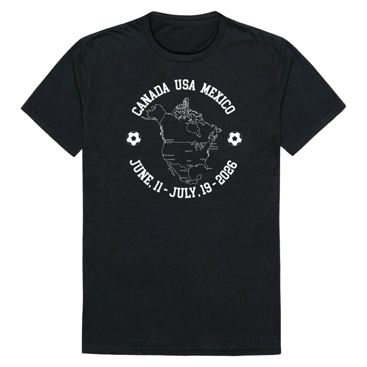 MD1-SB7-BLK-02 Soccer Host Cities Map 2026 Short Sleeve T-Shirt, Black - Medium
