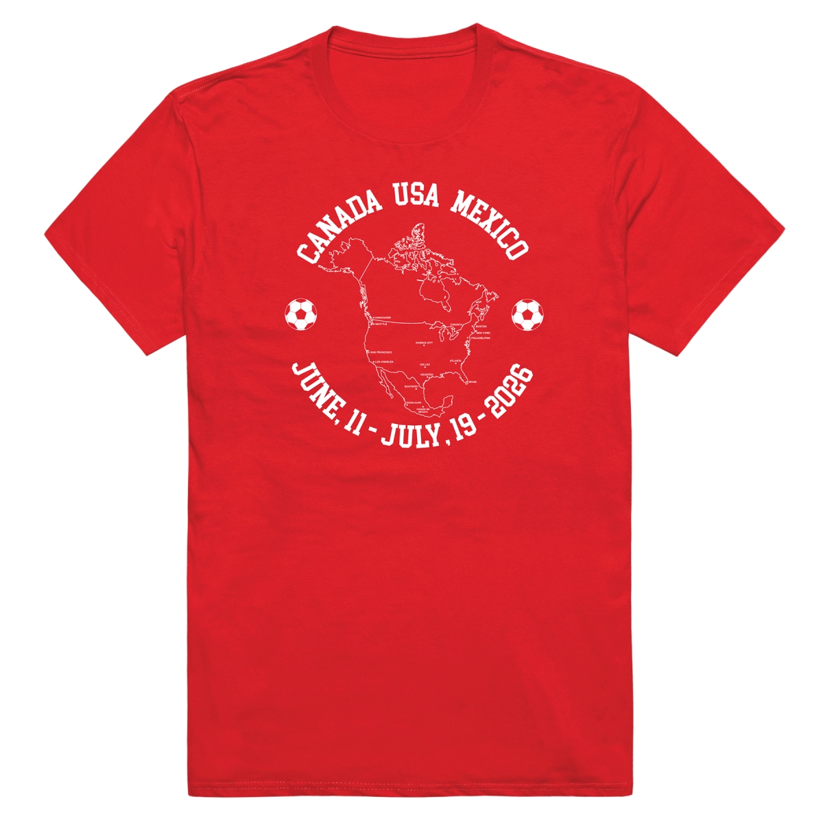 MD1-SB7-RED-01 Soccer Host Cities Map 2026 Short Sleeve T-Shirt, Red - Small