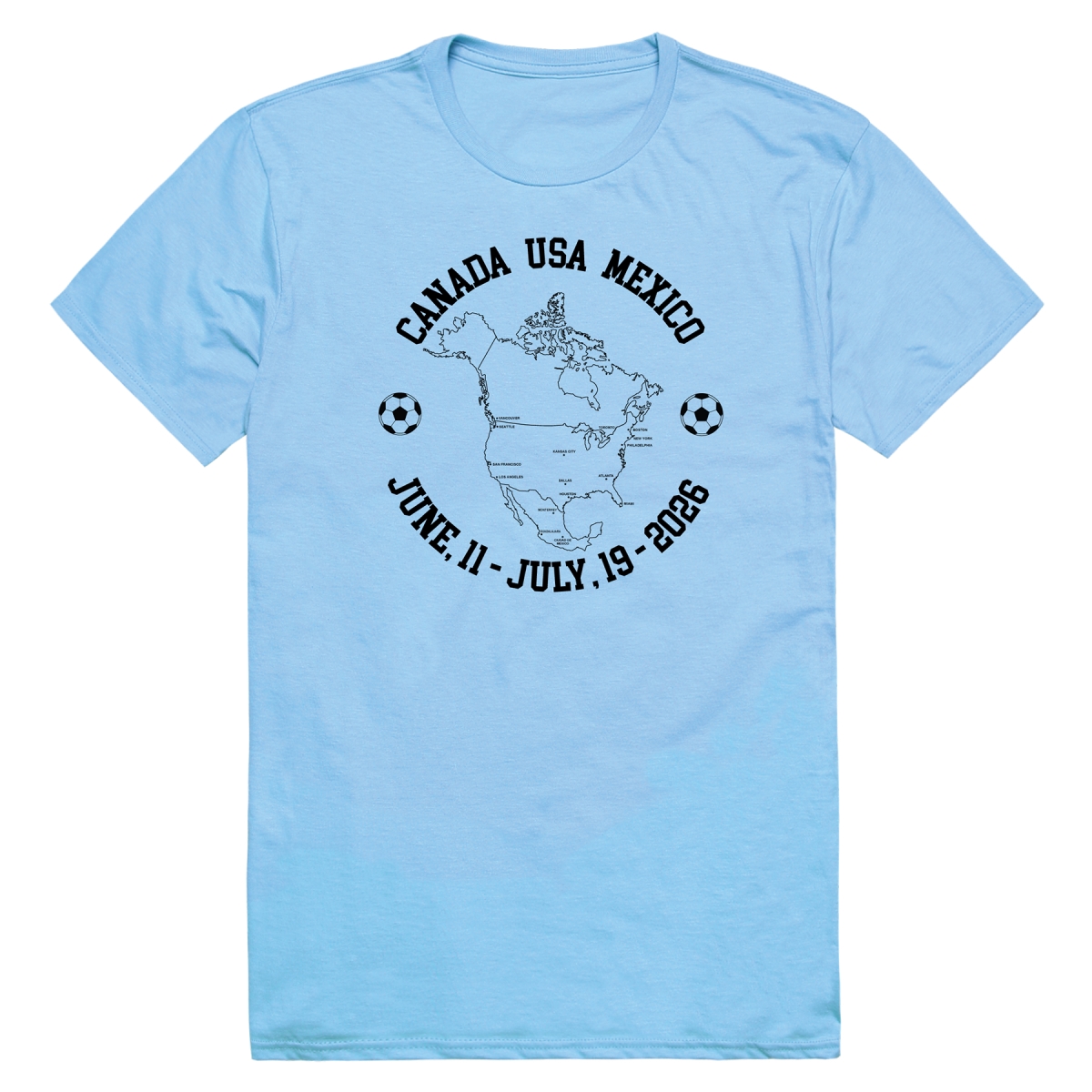 MD1-SB7-SKY-02 Soccer Host Cities Map 2026 Short Sleeve T-Shirt, Sky Blue - Medium