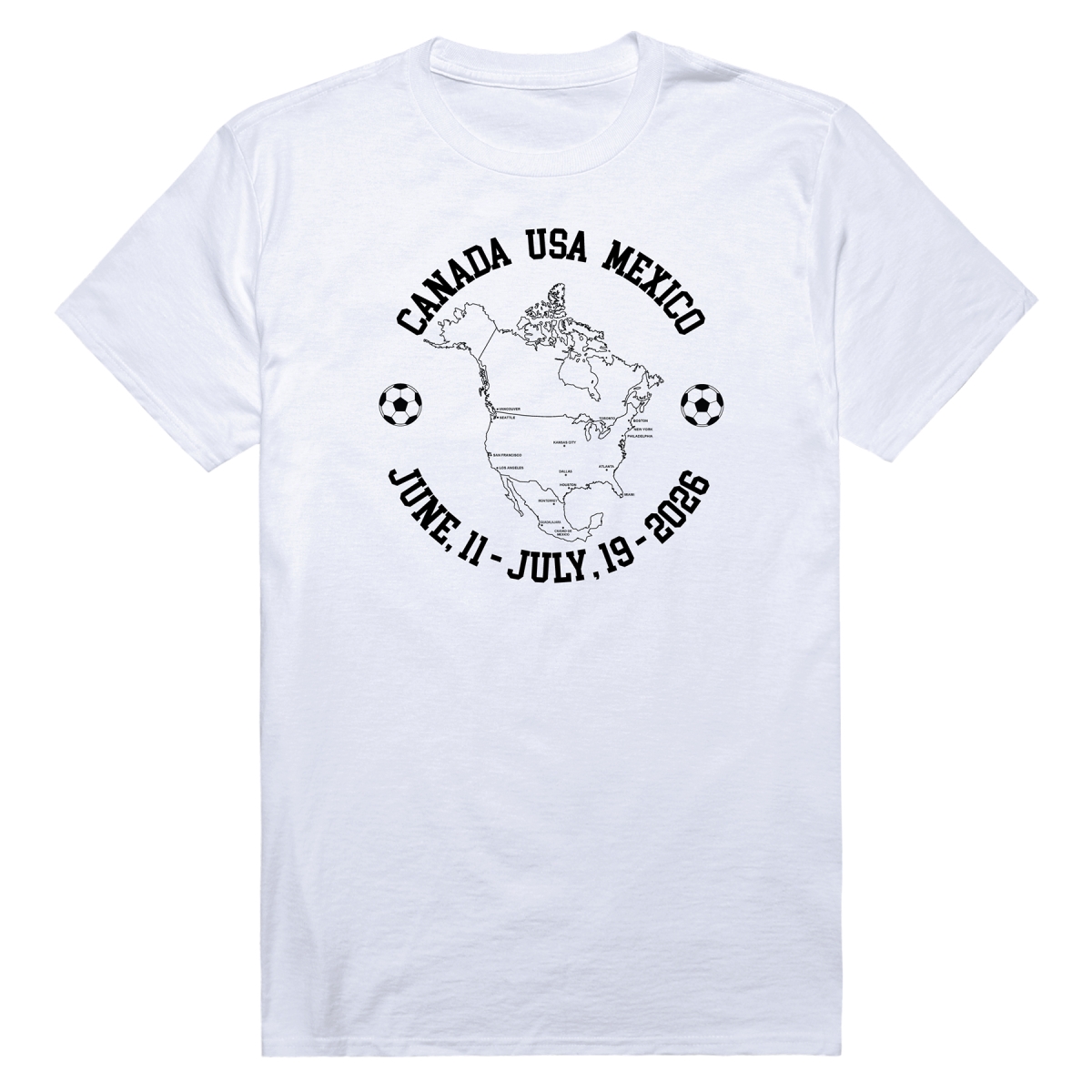 MD1-SB7-WHT-03 Soccer Host Cities Map 2026 Short Sleeve T-Shirt, White - Large