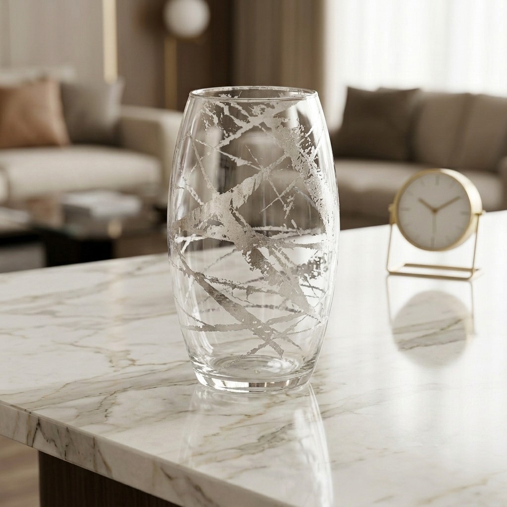 R1802-8 12 in. Amaryllis Silver Marble Gilded Vase