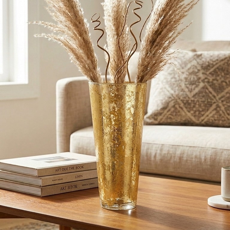 R1822-5 12 in. Iris Gold Marble Gilded Vase