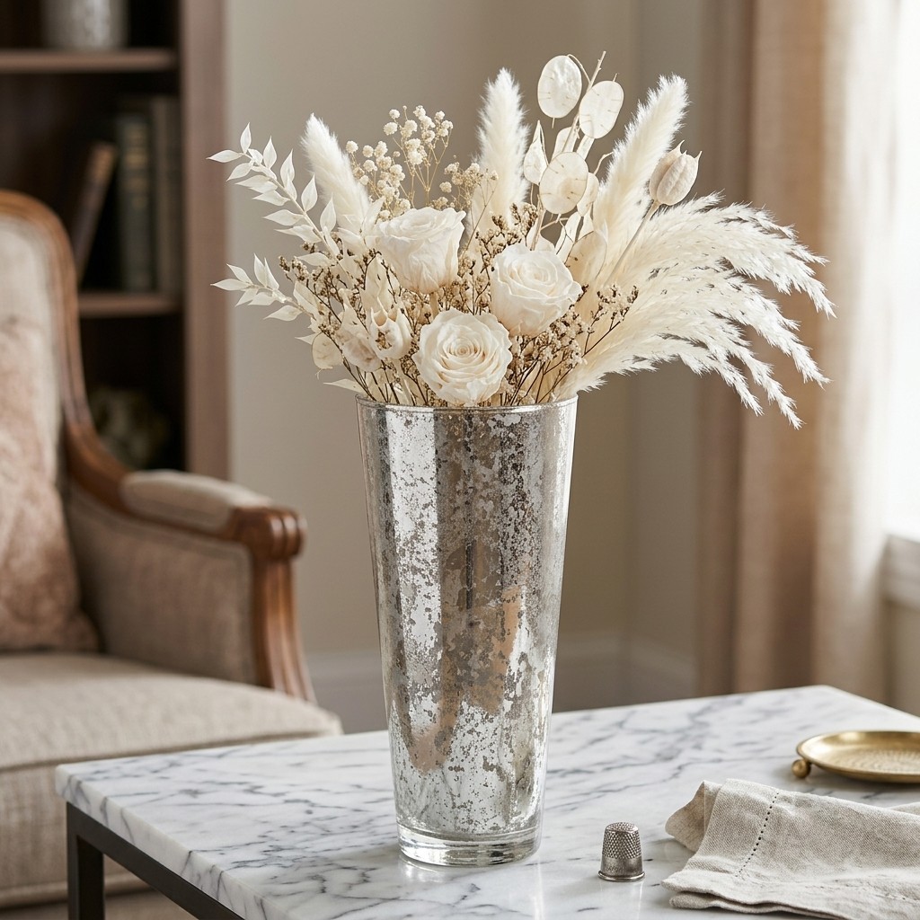 R1824-6 Iris Silver Marble Gilded Vase - 16 in.