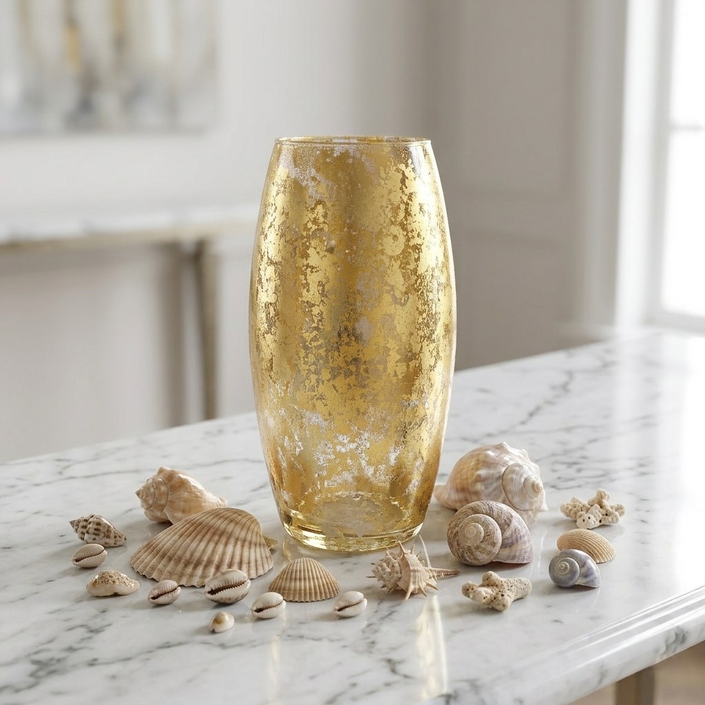 R1801-5 10 in. Amaryllis Gold Marble Gilded Vase