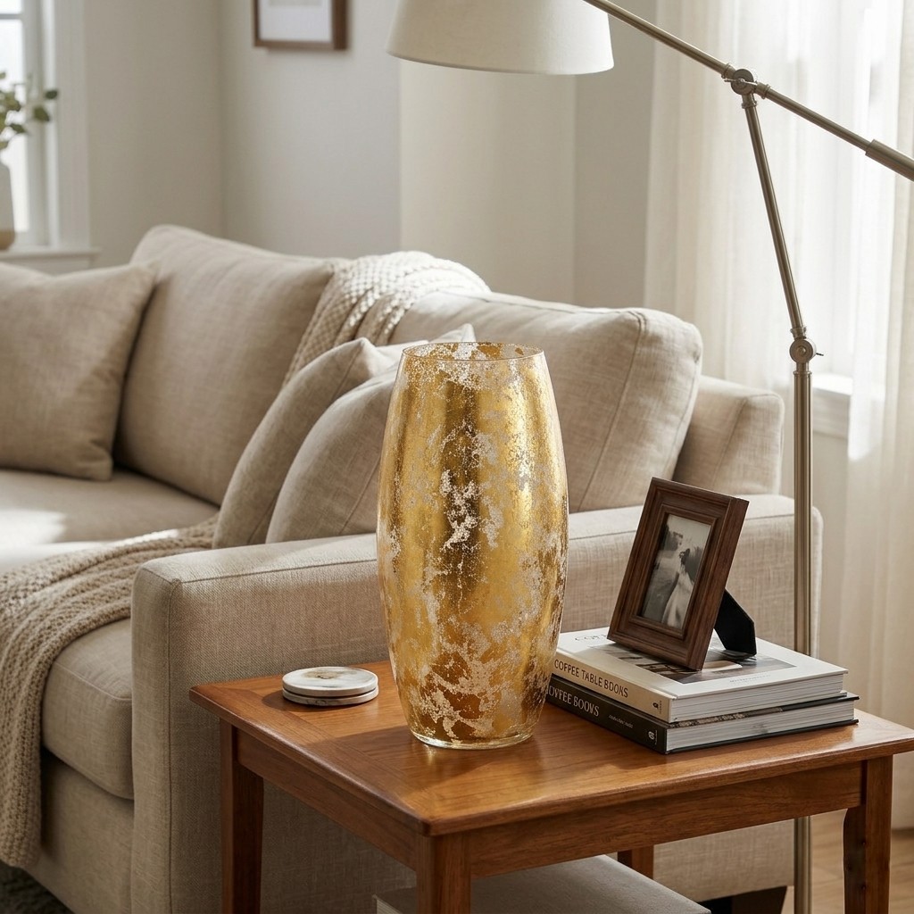 R1803-5 15 in. Amaryllis Gold Marble Gilded Vase