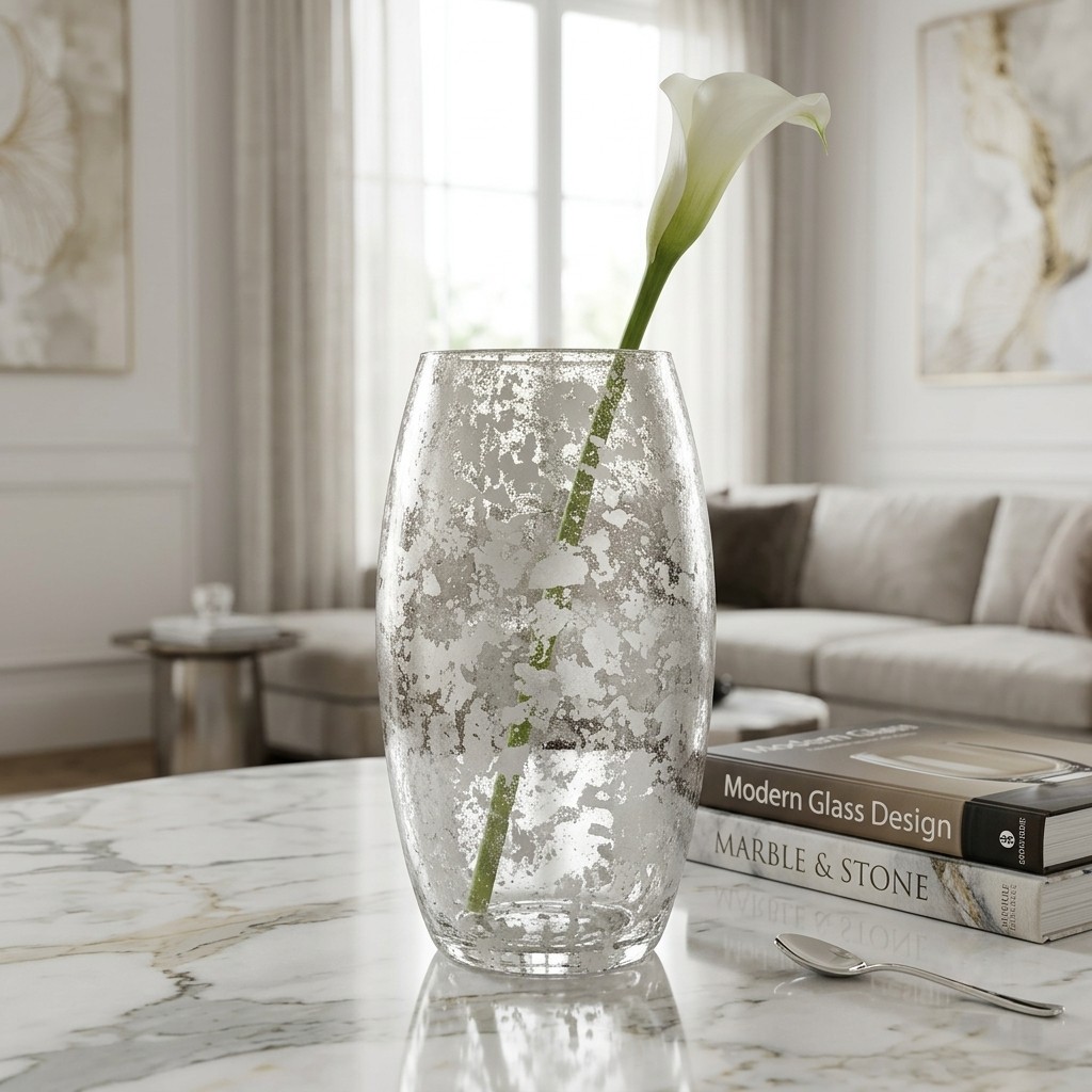 R1802-6 Amaryllis Silver Marble Gilded Vase - 12 in.
