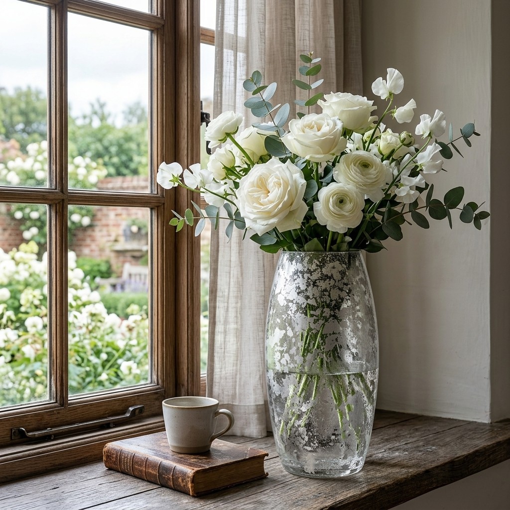R1803-6 Amaryllis Silver Marble Gilded Vase - 15 in.