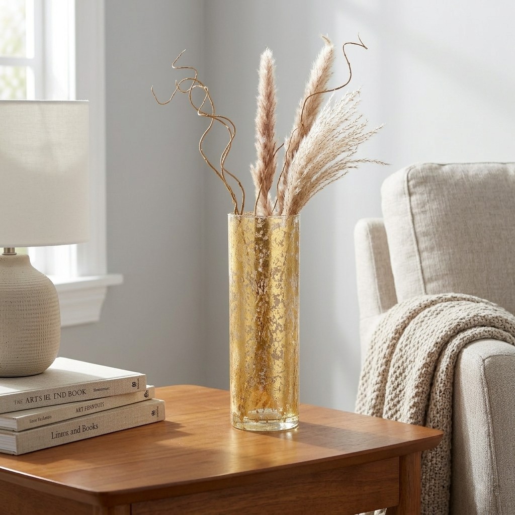 R1832-5 12 in. Flora Gold Marble Gilded Vase