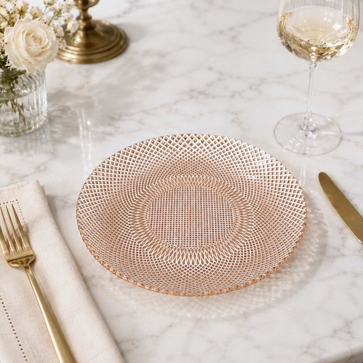 R1413-4 10 in. Marquis Rose Gold Gilded Glass Dinner Plate - Set of 4
