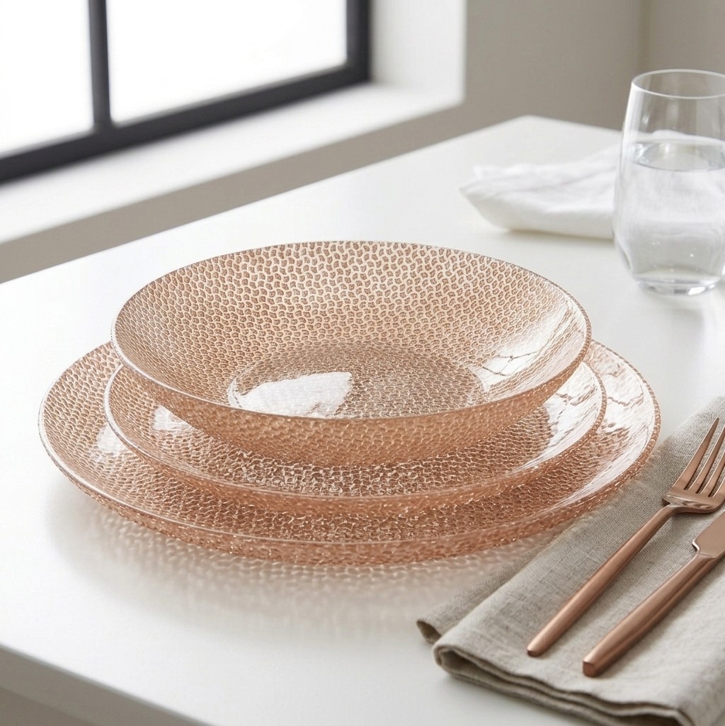R1245-4 Cabana Rose Gold Gilded Glass Dinnerware Set - Set of 12