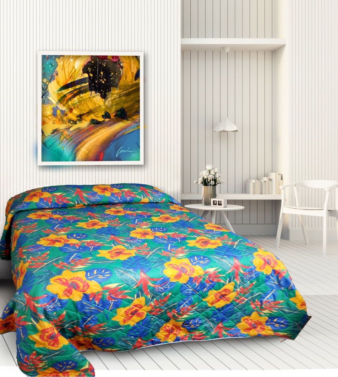Quilted Tropical Print Bedspread, Blue, Orange & Yellow - Twin Size