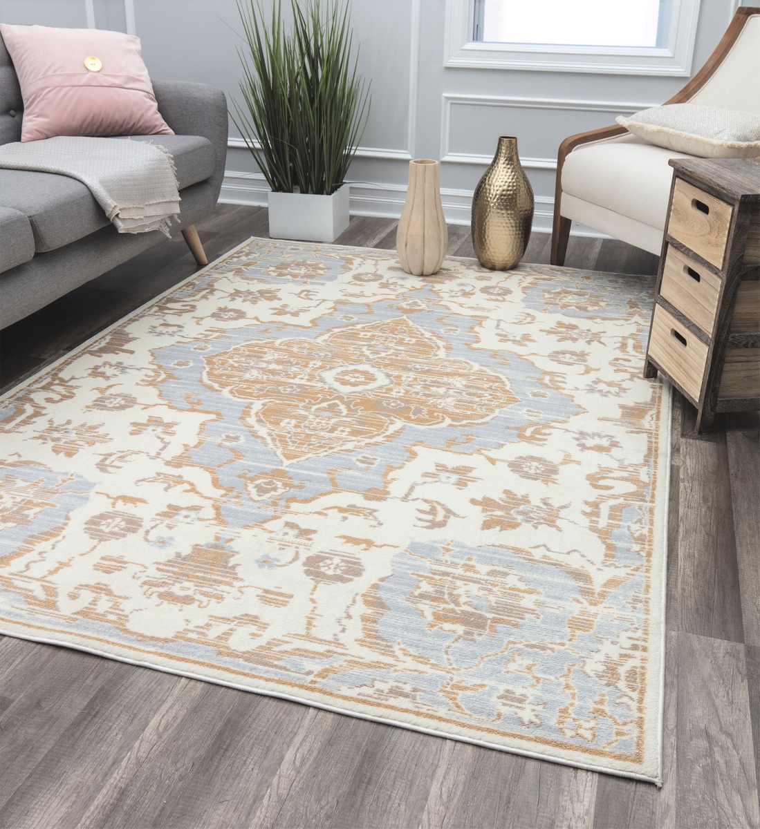 RA28221 5 ft. 3 in. x 7 ft. Leopold LX40A Soft Sky Oriental Transitional Cream Area Rug