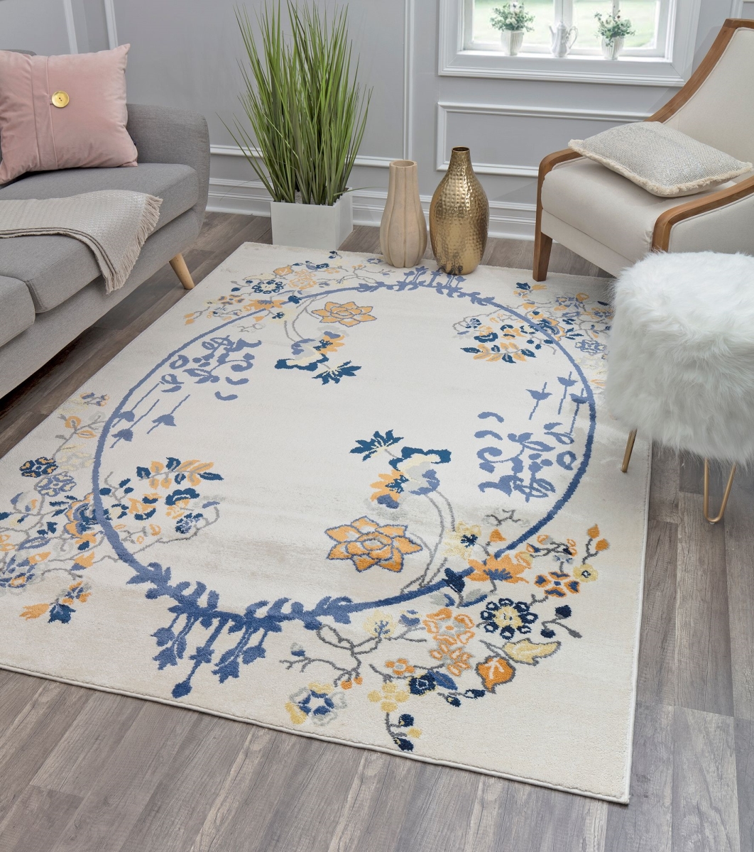 RA28484 8 x 10 ft. Hanna VA20D Gold Magnolia Floral Transitional White Area Rug