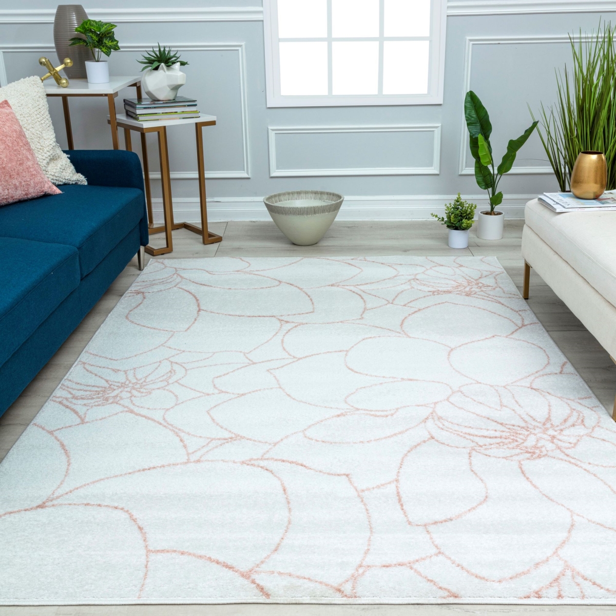 RA41214 5 x 7 ft. Azure AZ70A Floral White Geometric Contemporary Rectangle Area Rug, Ivory