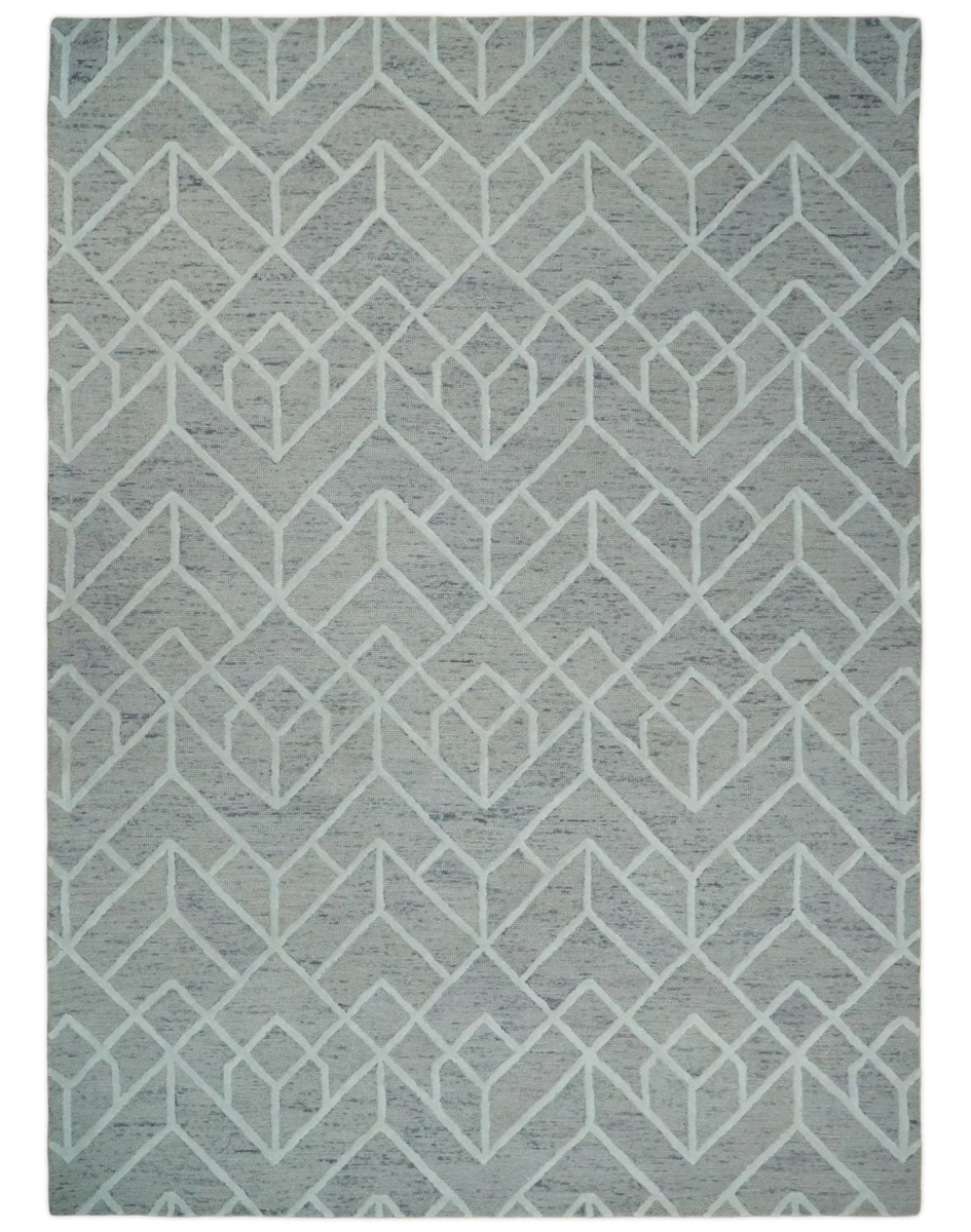 Geometrical Hand Hooked Area Rug - Beige & Silver - 8 x 11 in.