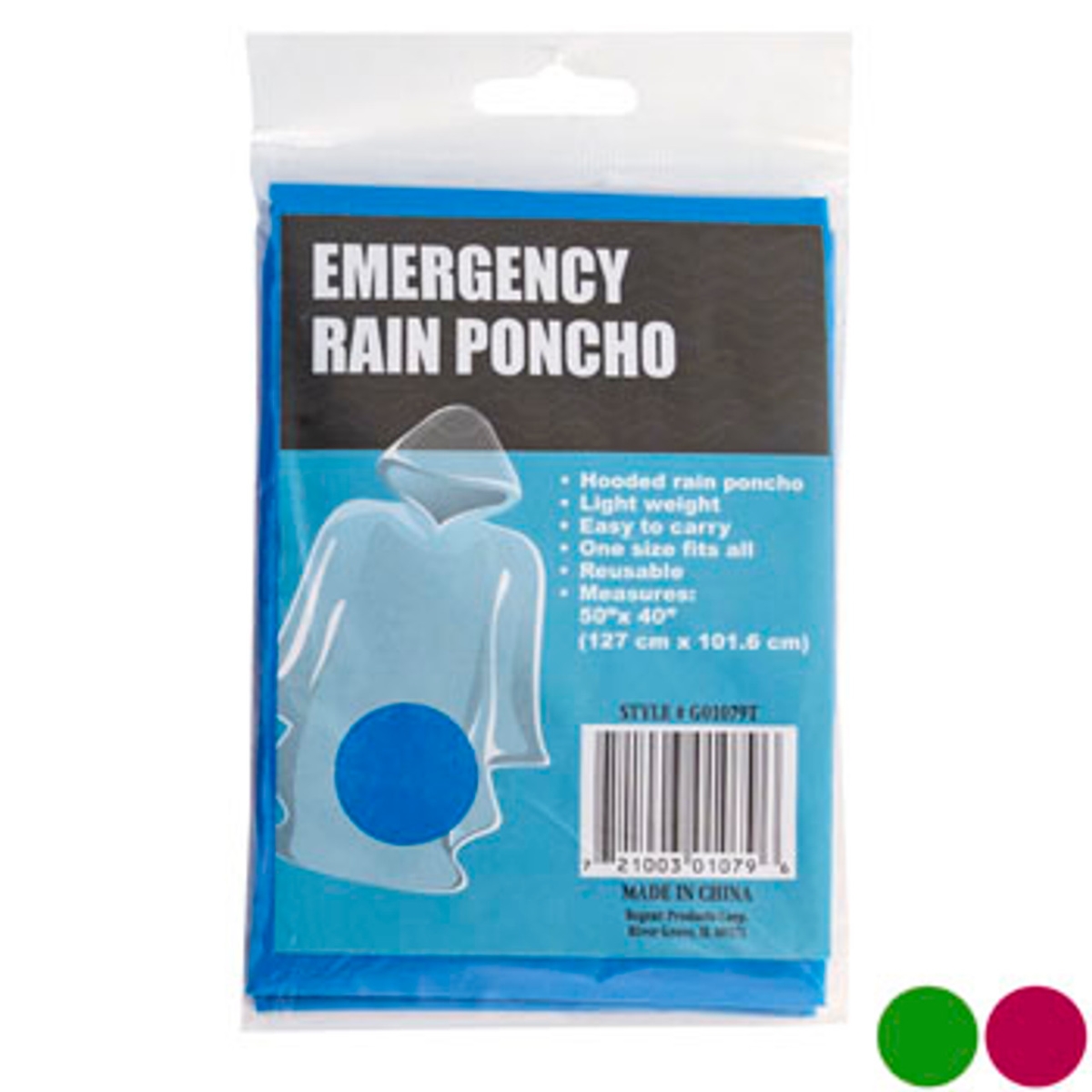 Picture of Regent Products G01079T 40 x 50 in. Rain Poncho with Hood Bag Printed Insert&#44; 3 Assorted Color