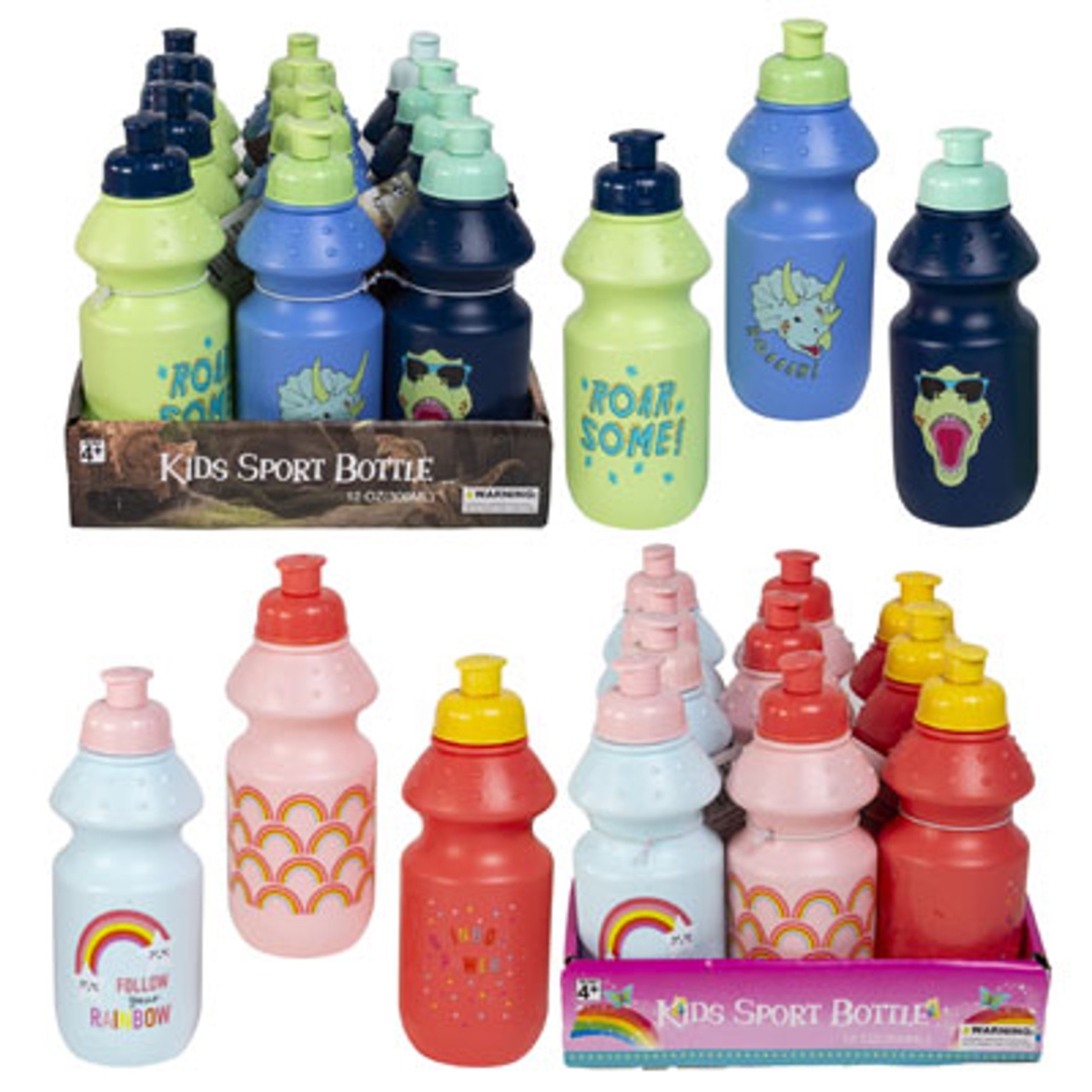 Picture of Regent Products G41350 12 oz Kids Master Dino & Rainbowht Sports Bottle&#44; 6 Assorted Color - 2-12 Piece