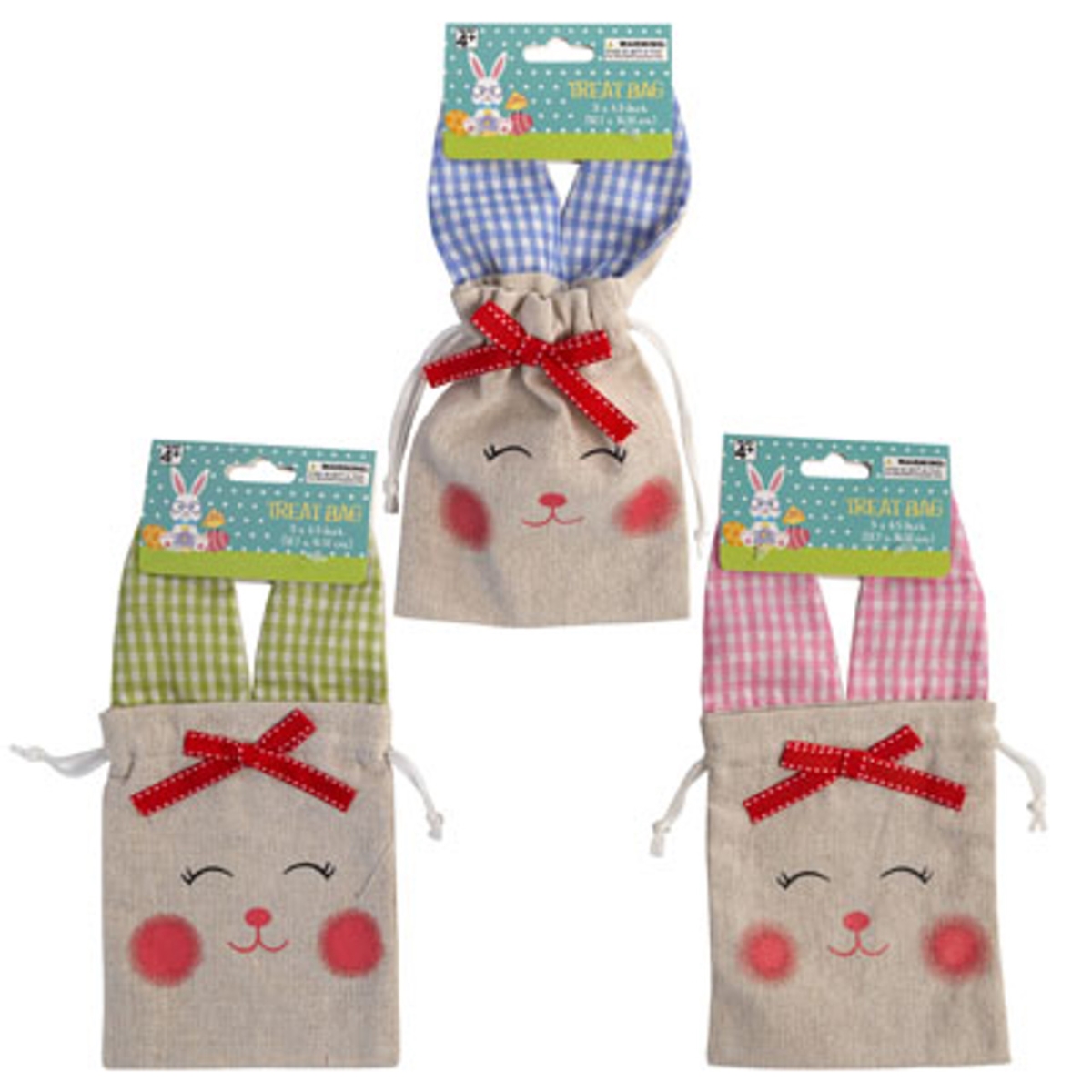 Picture of Regent Products G90762CS 6.5 x 5 in. Easter Hot On Mdsgstrip Burlap Bunny Face Treat Bag&#44; 3 Assorted Color - 12 Piece