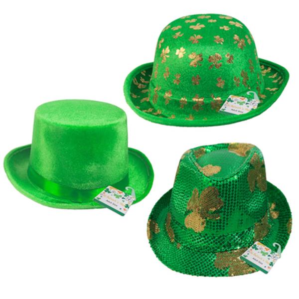 Picture of Regent Products G86181 Shamrock Hotstamp Print Derby&#44; Sequins Fedora & Velvet Top St Patricks Hat&#44; 3 Assorted - Pack of 18