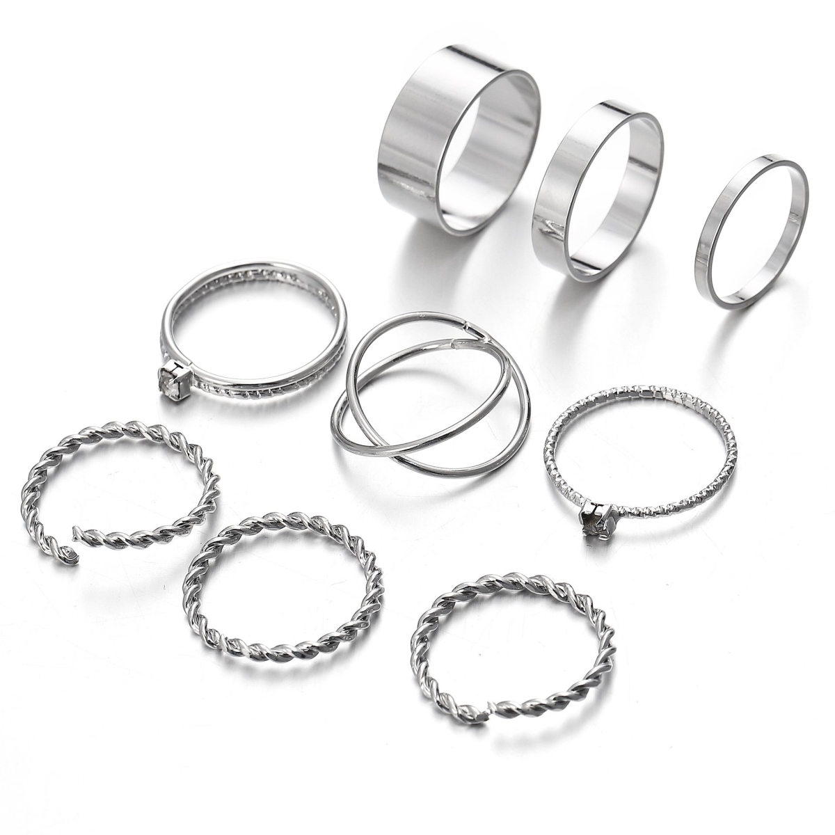 Picture of Alily Jewelry HZS-R0463-SILVER Twist Geo Ring Set in 18K White Gold Plated - 9 Piece
