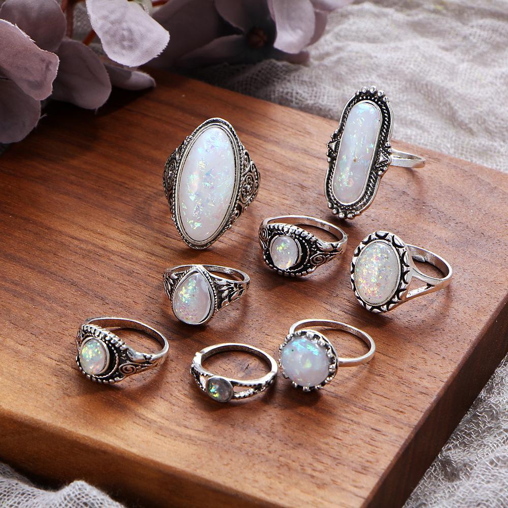 Picture of Alily Jewelry HZS-R0612 Opal Created Oxidized Ring Set with Austrian Crystals in 18K White Gold Plated - 8 Piece