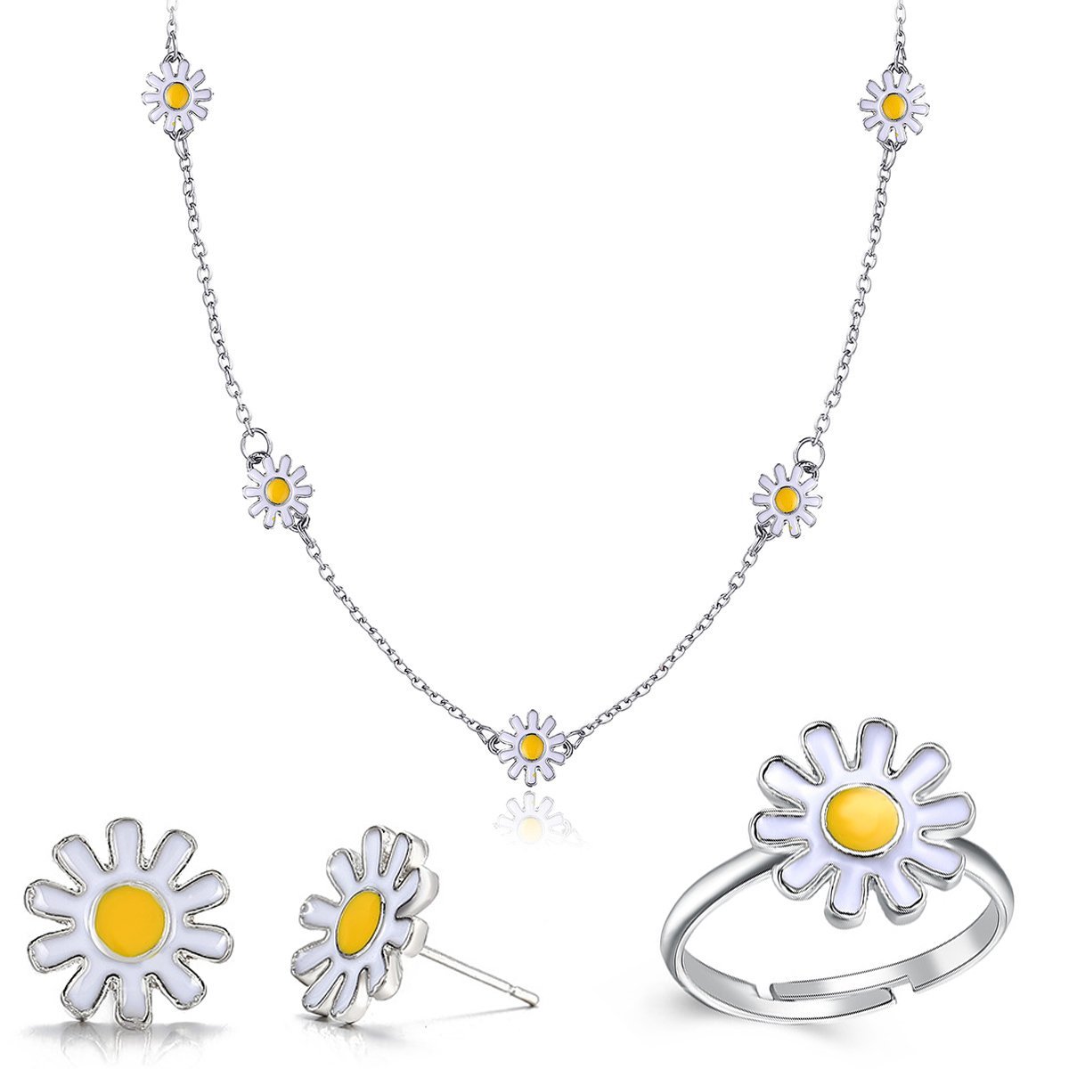 Picture of Alily Jewelry HZS-S1194 Daisy Flower Jewelry Set in 18K White Gold Plated - 3 Piece