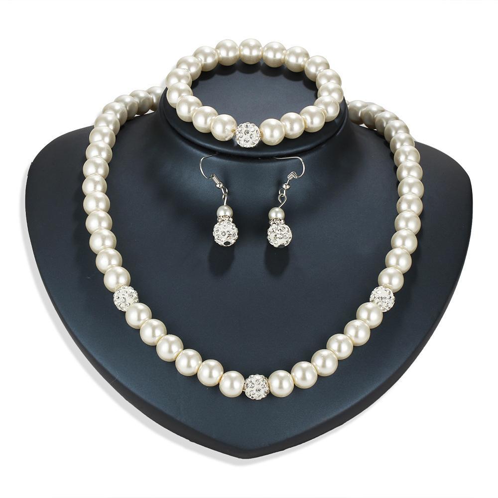 Picture of Alily Jewelry HZS-S1479 Pearl & Shamballa Jewelry Set with Austrian Crystals in 18K White Gold Plated - 3 Piece