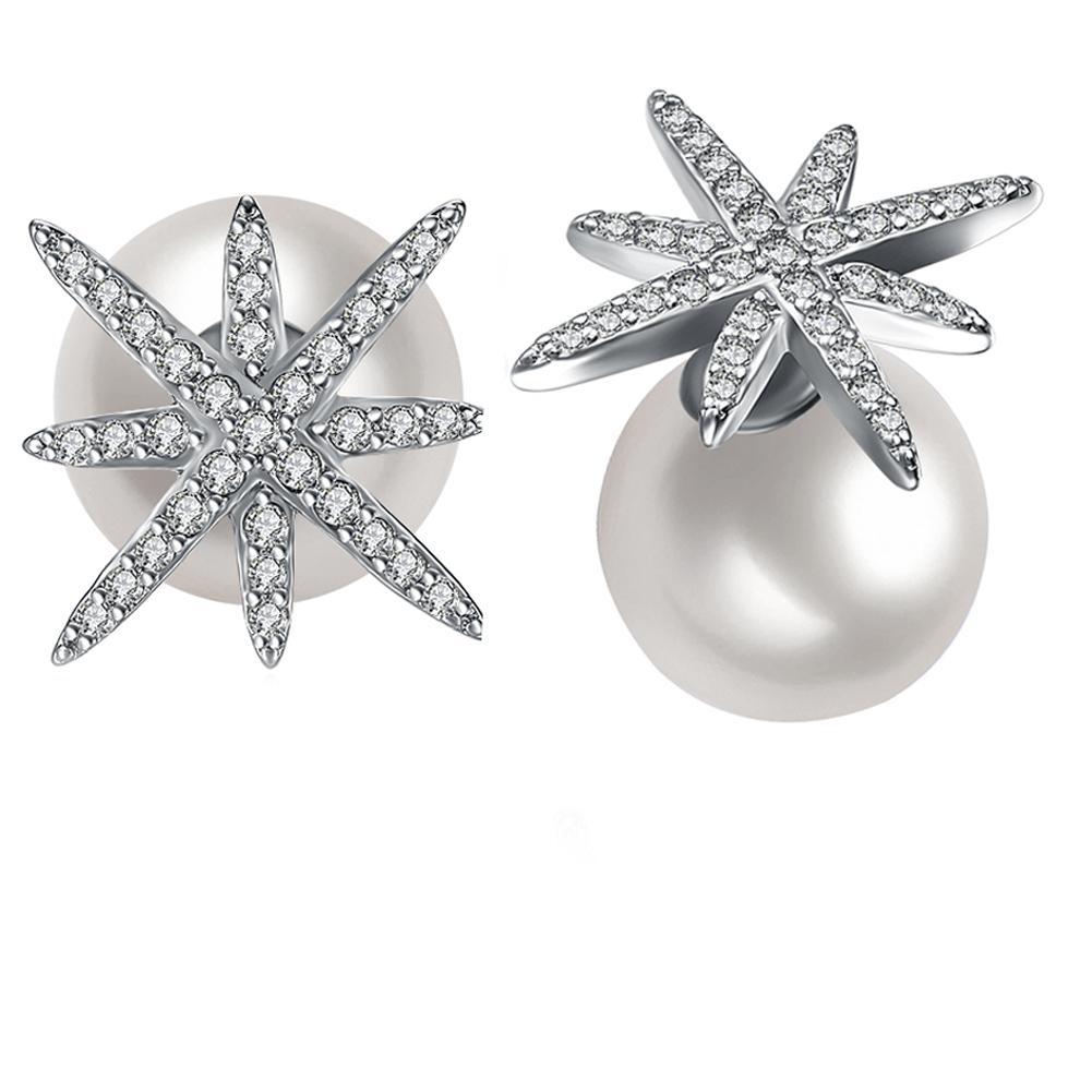 Picture of Alily Jewelry KZCE111-C-GBOX Starburst Freshwater Pearl Double Stud Earring with Austrian Crystals in 18K White Gold Plated