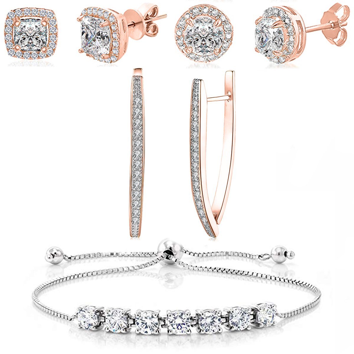 Picture of Alily Jewelry AustrianBUNDLE-ROSE-GBOX Halo Earrings Hoop & Bracelet Set with Gift Box&#44; Rose - 4 Piece