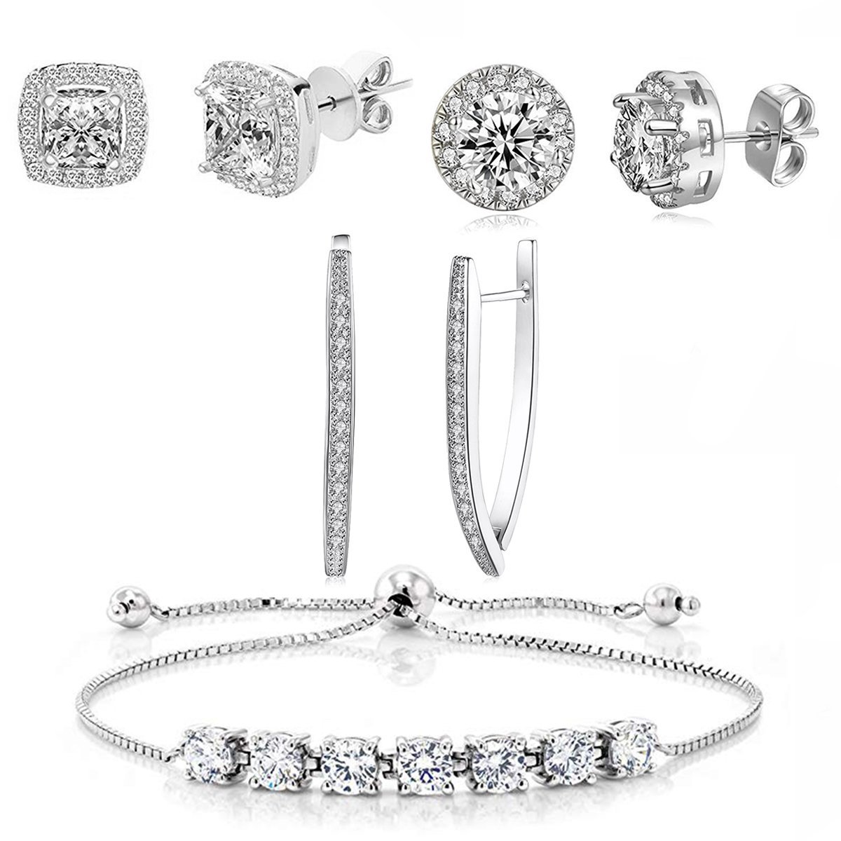 Picture of Alily Jewelry AustrianBUNDLE-SILVER-GBOX Halo Earrings Hoop & Bracelet Set with Gift Box&#44; Silver - 4 Piece