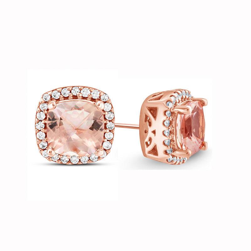 Picture of Alily Jewelry HAI-E128 1.00 CT Morganite Halo Princess Cut Stud Earring in 18K Rose Gold Plated