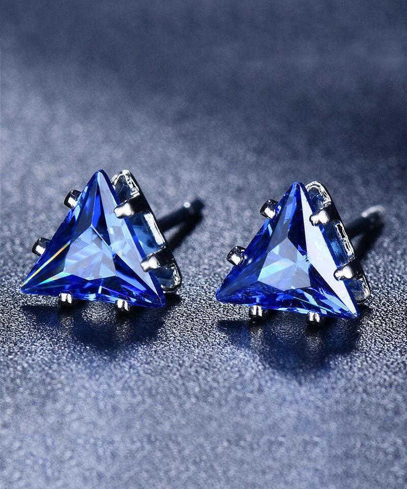 Picture of Alily Jewelry HAI-E172-BLUE 6 mm Triangle Stud Earring with Austrian Crystals in 18K White Gold Plated&#44; Sapphire