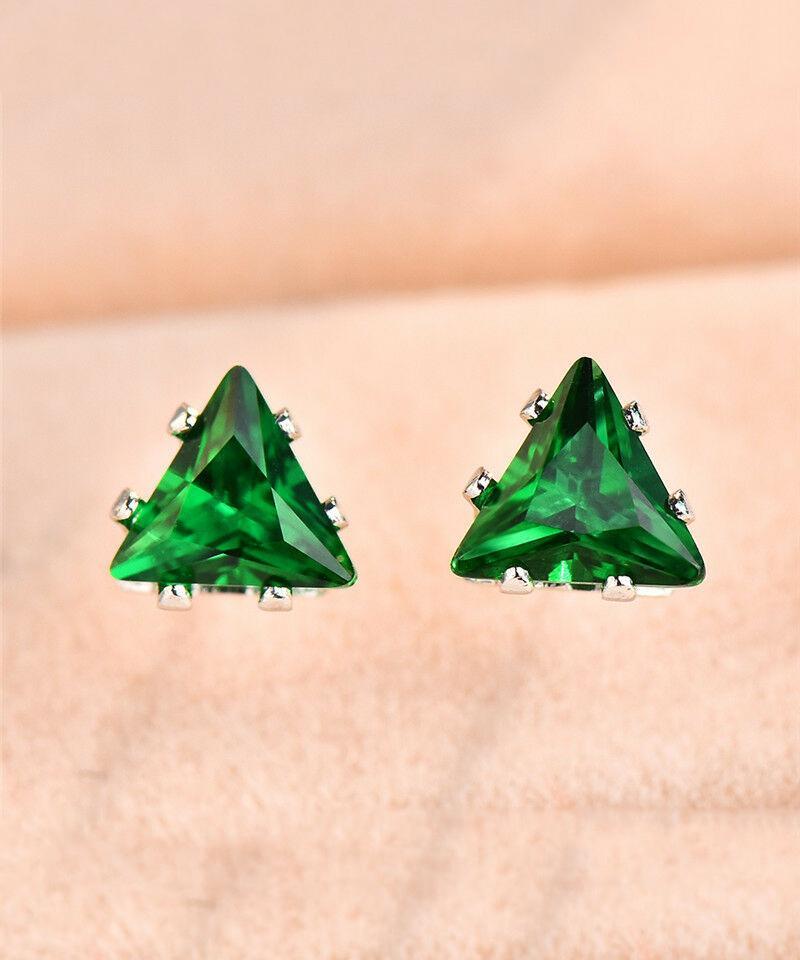 Picture of Alily Jewelry HAI-E172-GREEN 6 mm Triangle Stud Earring with Austrian Crystals in 18K White Gold Plated&#44; Green