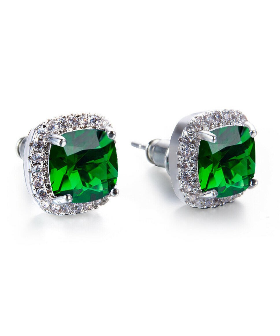 Picture of Alily Jewelry HAI-E174-GREEN Princess Halo Cut Stud Earring with Austrian Crystals in 18K White Gold Plated&#44; Green