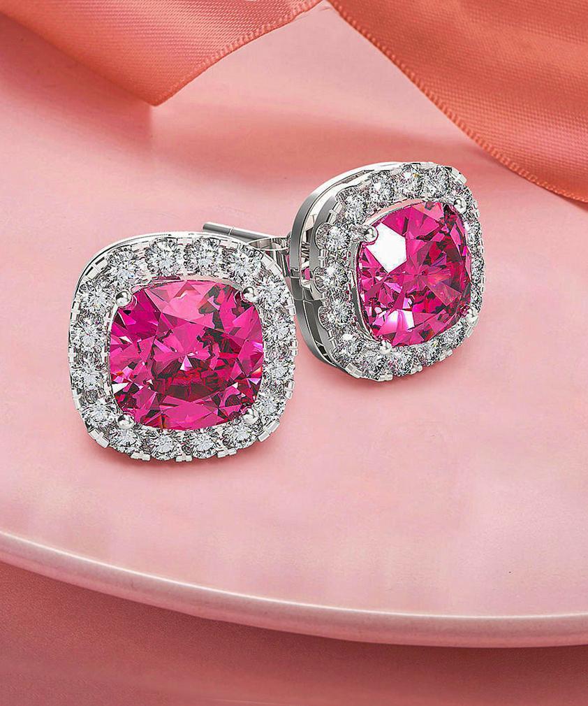 Picture of Alily Jewelry HAI-E174-PINK Princess Halo Cut Stud Earring with Austrian Crystals in 18K White Gold Plated&#44; Pink