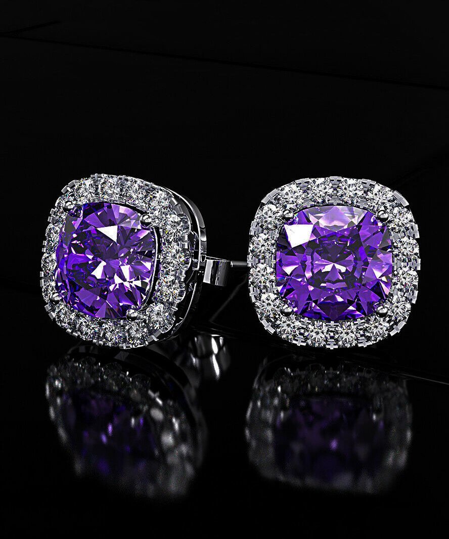 Picture of Alily Jewelry HAI-E174-PURPLE Princess Halo Cut Stud Earring with Austrian Crystals in 18K White Gold Plated&#44; Purple