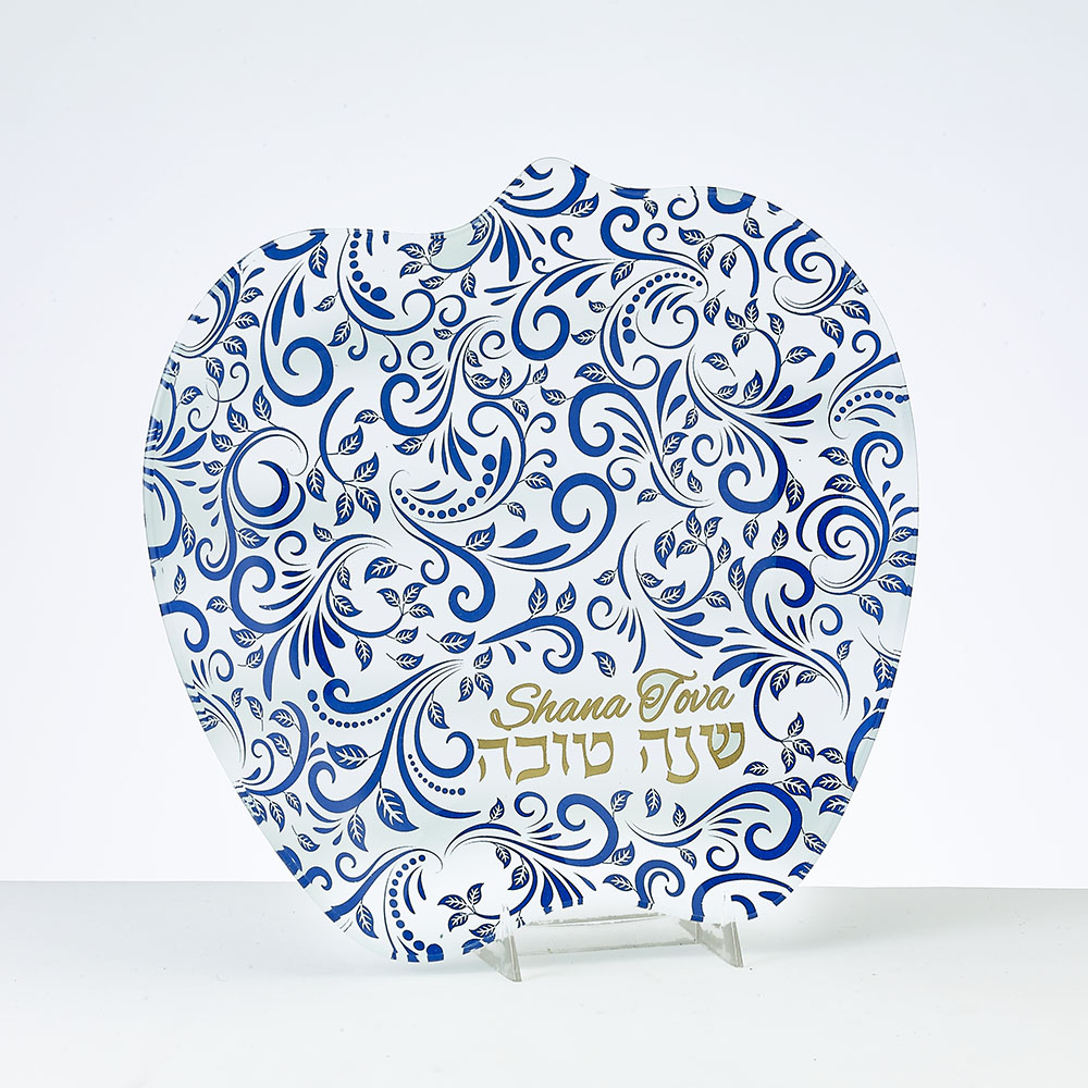Picture of Rite Lite HDGL-1-N 8 in. Rosh Hashanah Glass Apple Plate with Blue & Gold Accent Design