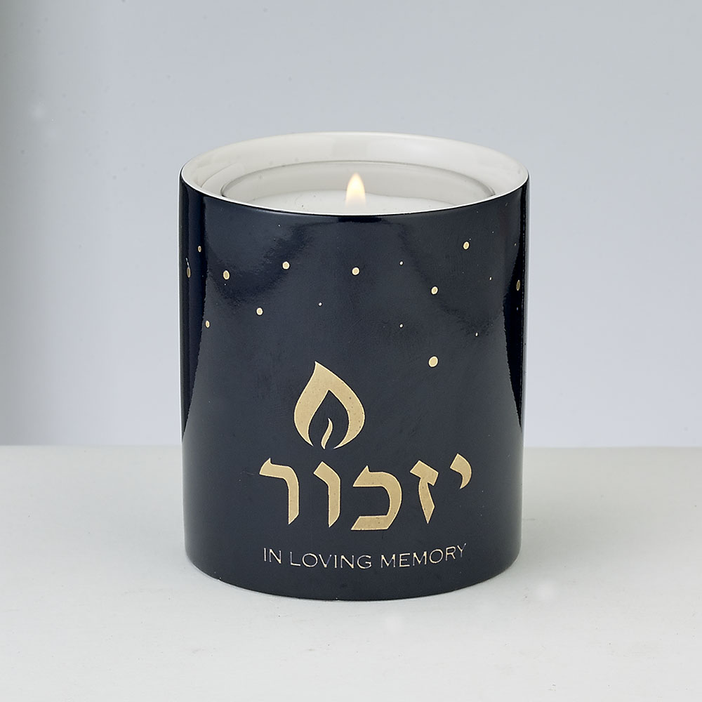 3 in. Blue Ceramic Yizkor Luminaria 1 Day Candle with Gold Accents