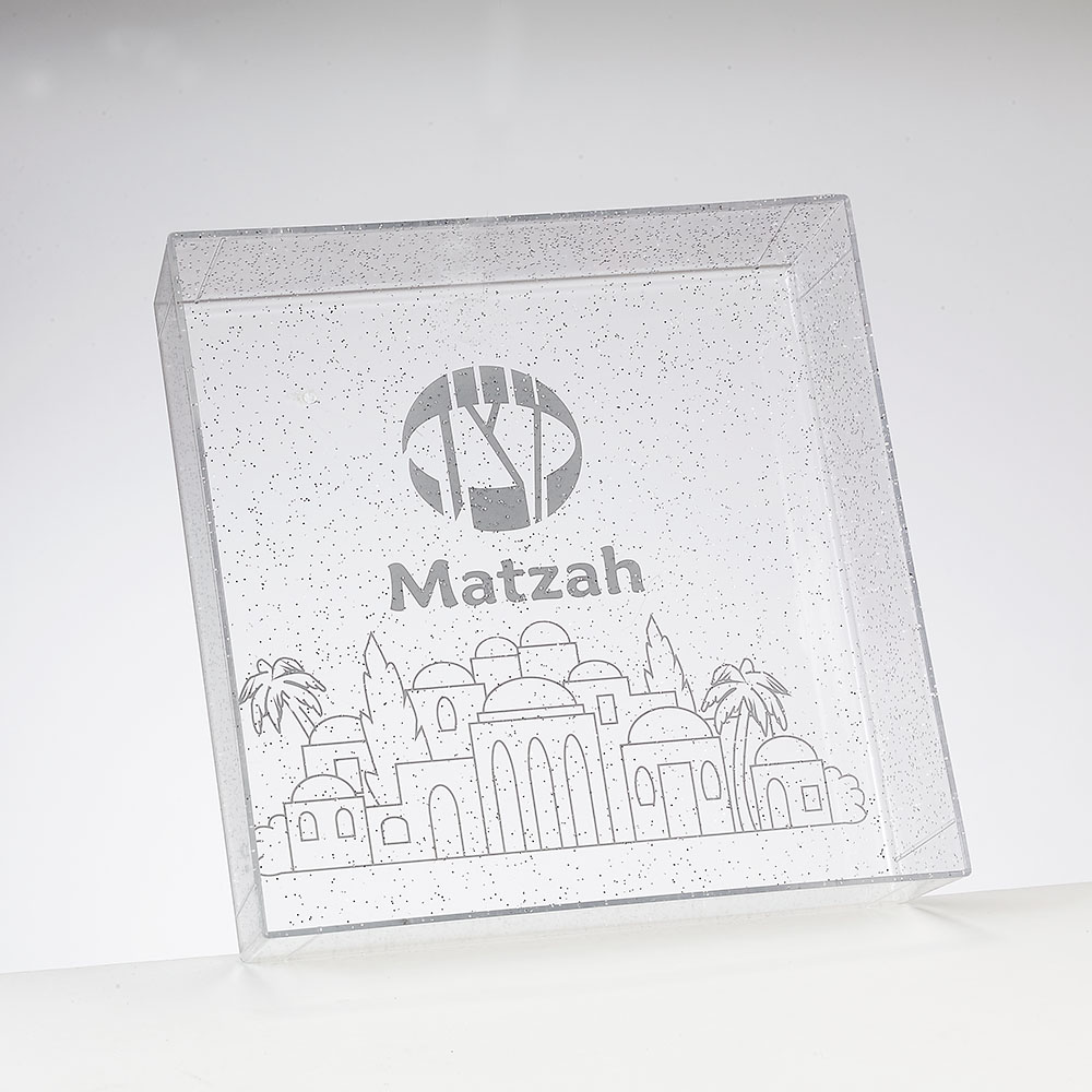 PPTA-3-C 8 in. Square Clear Matzah PS Tray with Silver Glitter