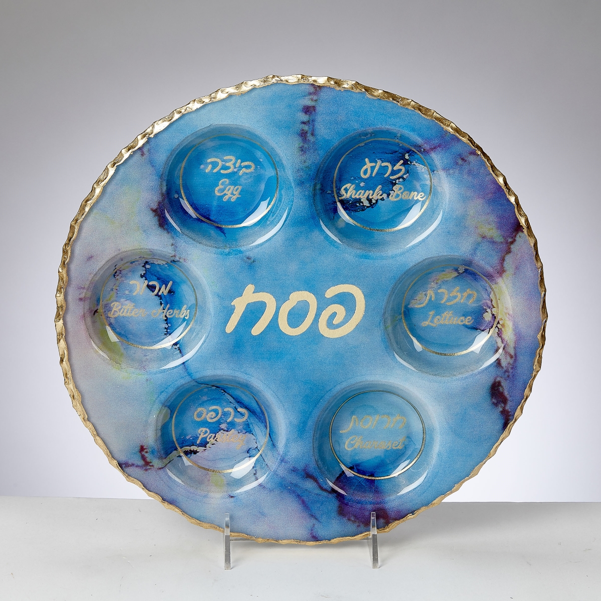 Picture of Rite Lite PPGLA-1 12 in. Round Glass Seder Plate&#44; Blue Marble with Gold Accents - Pack of 2