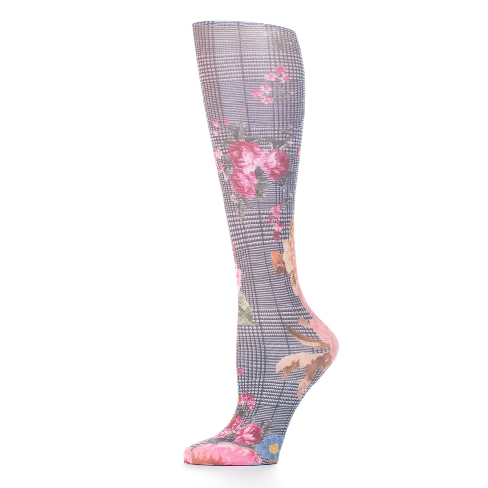 15 in. Kids Knee Sock with Flower Plaid Pattern, Black & White
