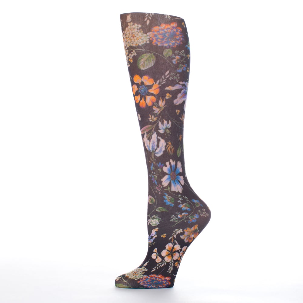 15 in. Kids Knee Sock with Prairie Flowers Black Pattern, Black