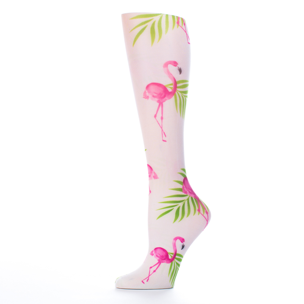 15 in. Kids Knee Sock with Flamingos Pattern, White
