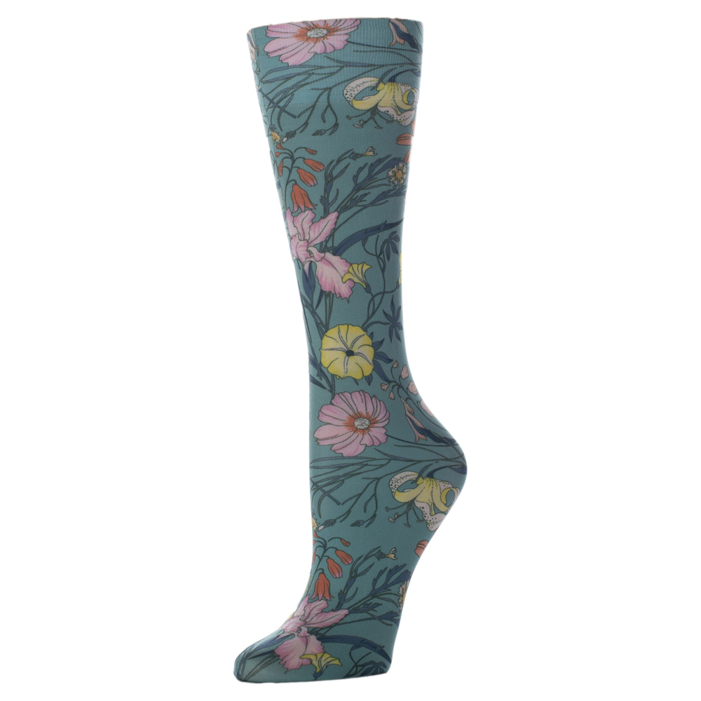 15 in. Kids Knee Sock with Lilies Pattern, Turquoise