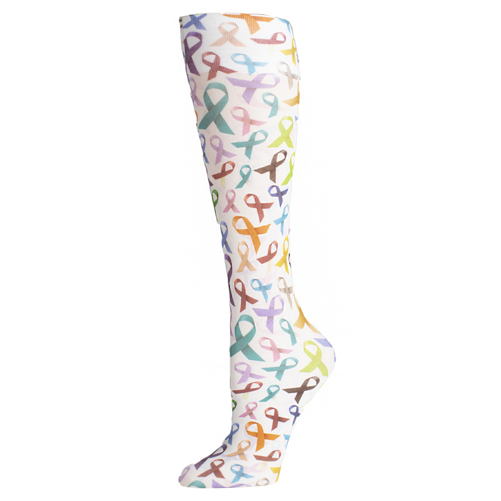 15 in. Kids Knee Sock with Multi Ribbons Pattern, White