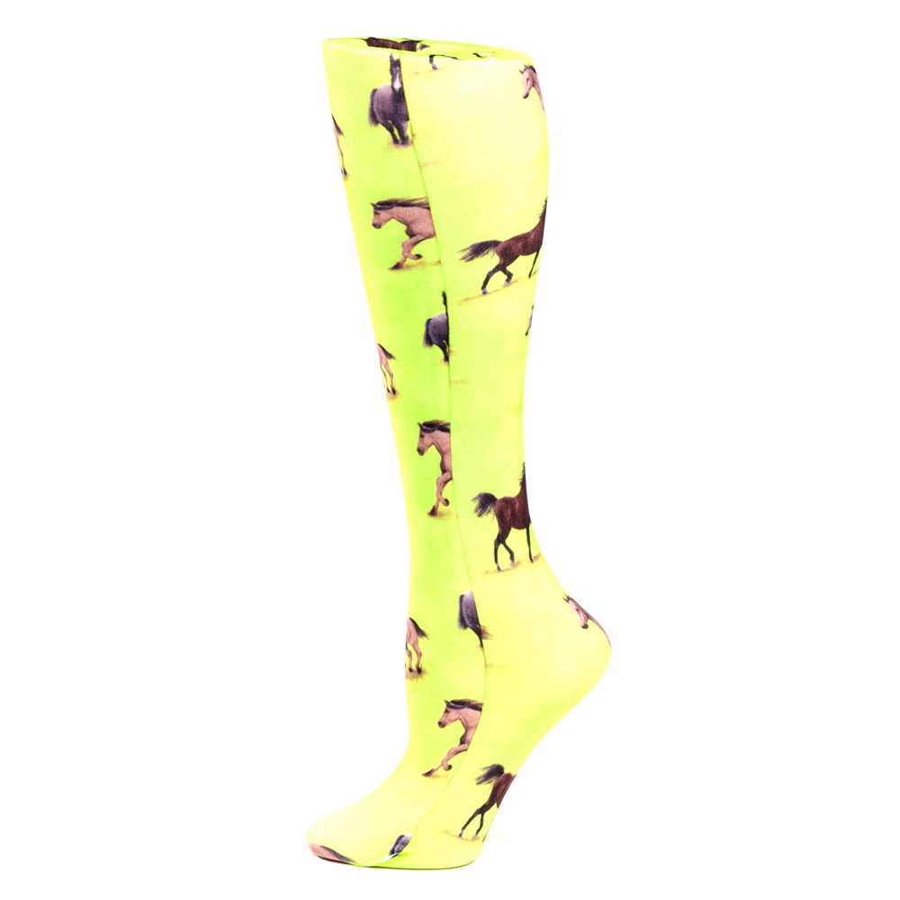 8-15 mmHg Womens Compression Sock with Lime Horses Pattern, Green - Regular
