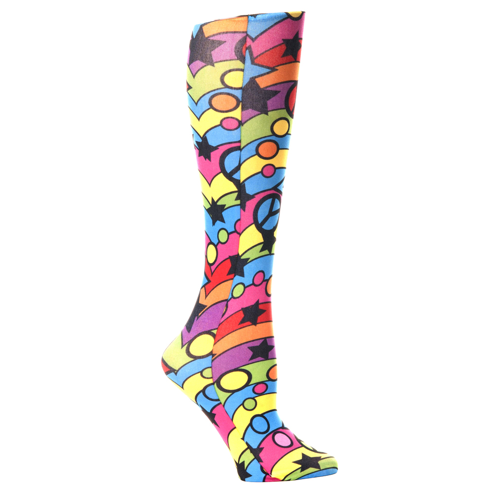 20-30 mmHg Womens Compression Sock with Rainbow 60s Pattern, Rainbow - Regular