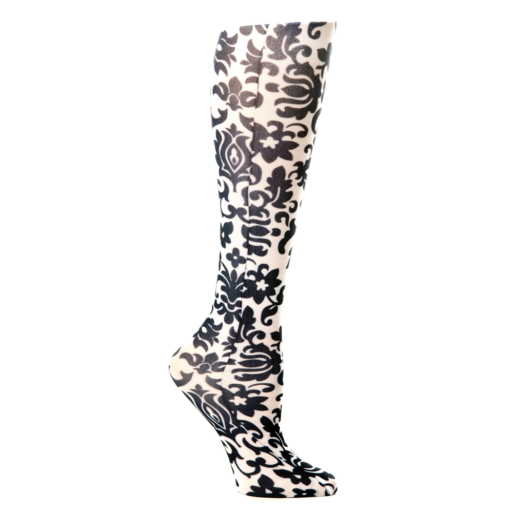 20-30 mmHg Womens Compression Sock with Fountain Pattern, Black & White - Regular