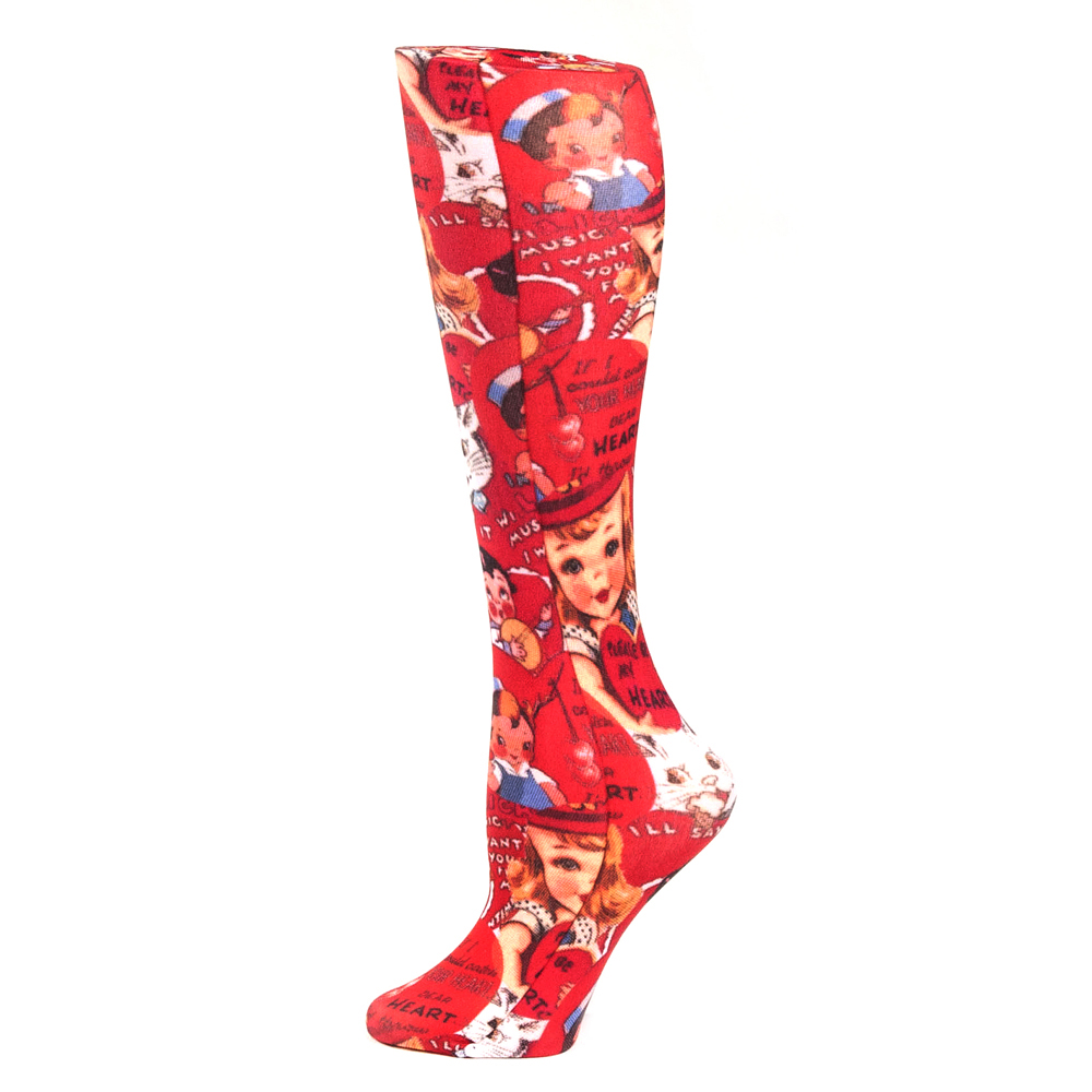 20-30 mmHg Womens Compression Sock with Vintage Hearts Pattern, Red - Regular